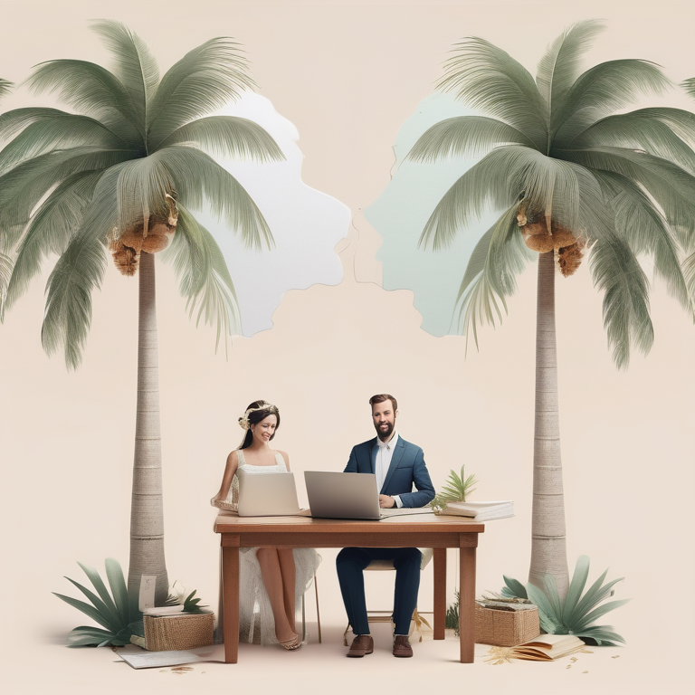 Illustration contrasting an overseas wedding scene and a calm yet divided post-divorce setting with legal documents.