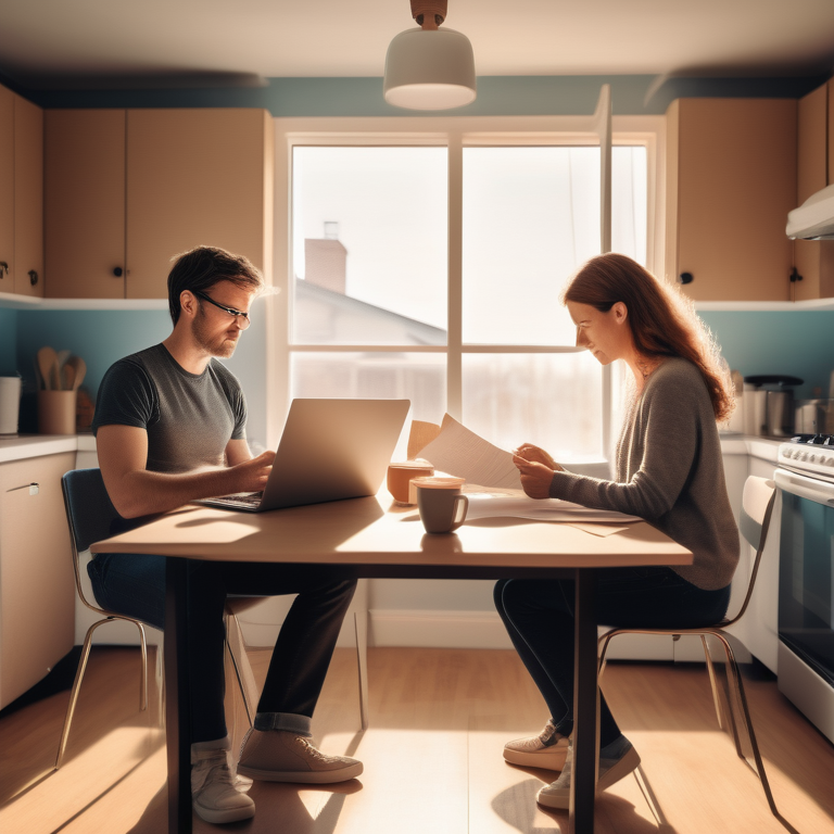 Amicable couple at table with divorce papers and laptop, dividing assets in a sunlit kitchen.